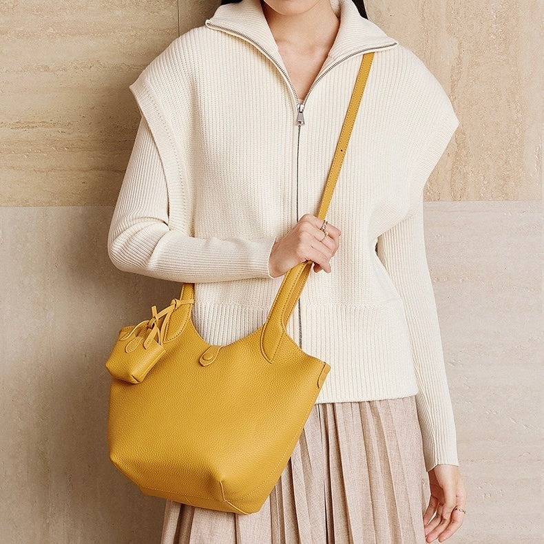 Elegant Pebbled Leather Bucket Bag with Mini Pouch