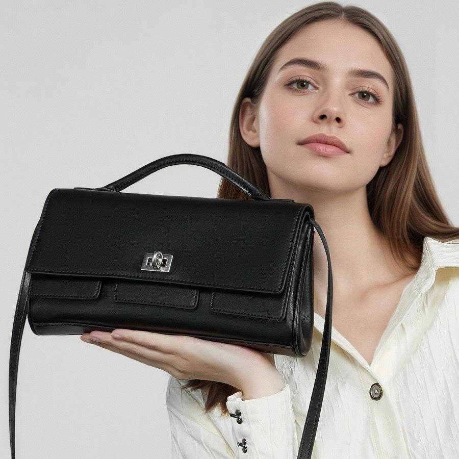 Chic Genuine Leather Designer Lock Clasp Shoulder Handbag