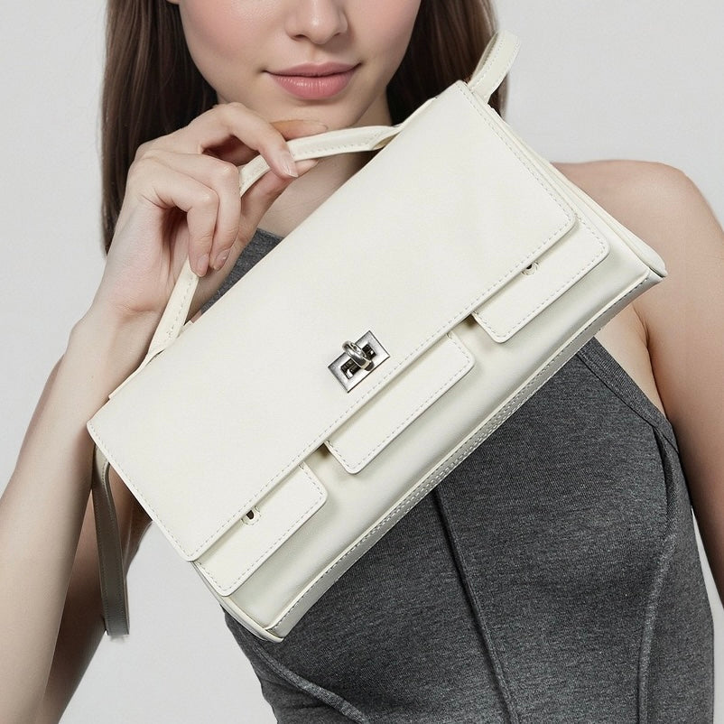 Chic Genuine Leather Designer Lock Clasp Shoulder Handbag