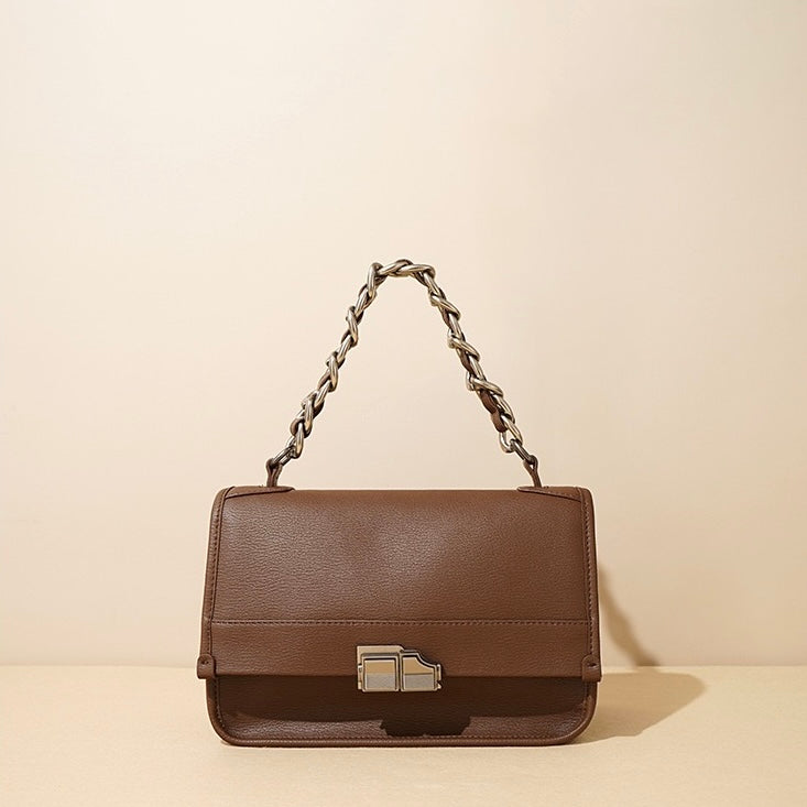 Elegant Genuine Leather Square Bag with Double Straps and Chain