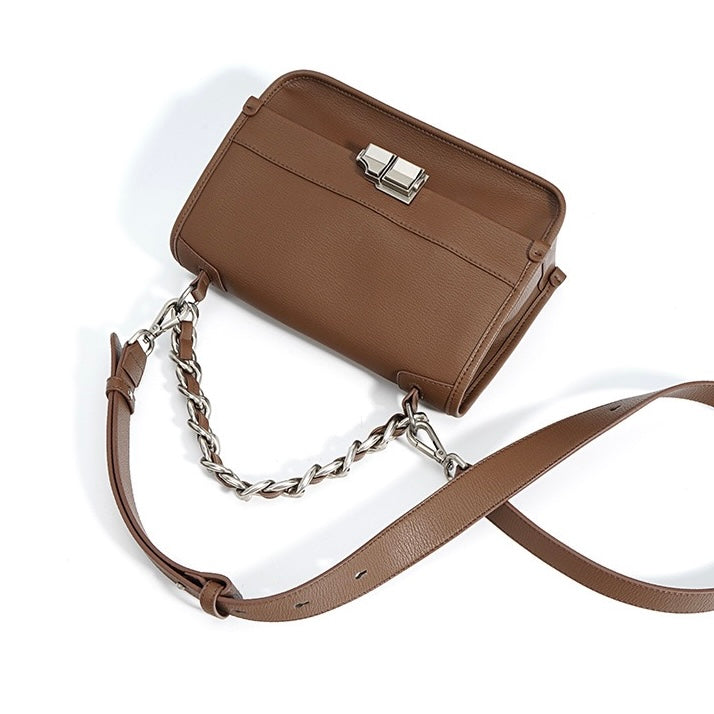 Elegant Genuine Leather Square Bag with Double Straps and Chain