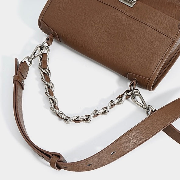 Elegant Genuine Leather Square Bag with Double Straps and Chain