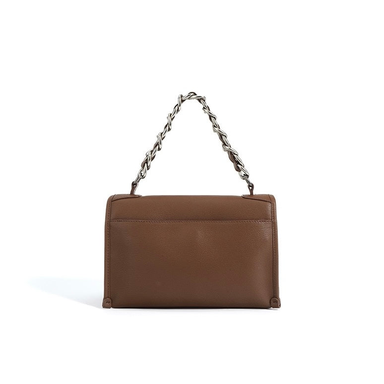 Elegant Genuine Leather Square Bag with Double Straps and Chain