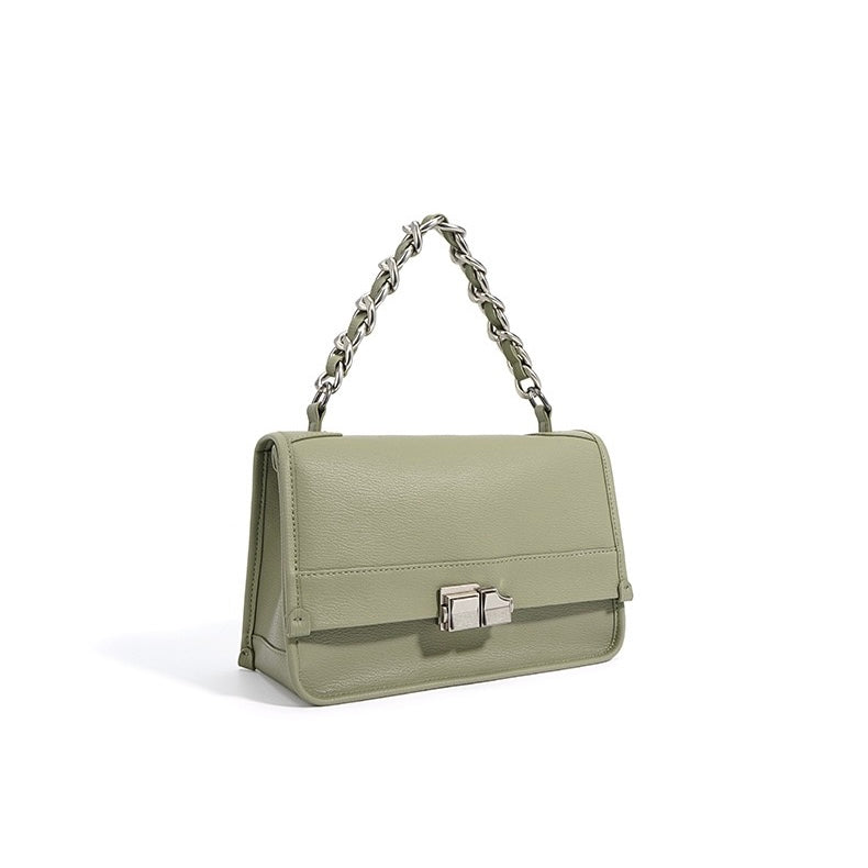 Elegant Genuine Leather Square Bag with Double Straps and Chain