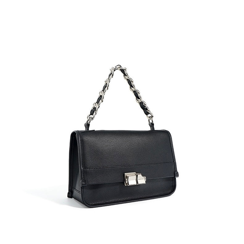 Elegant Genuine Leather Square Bag with Double Straps and Chain
