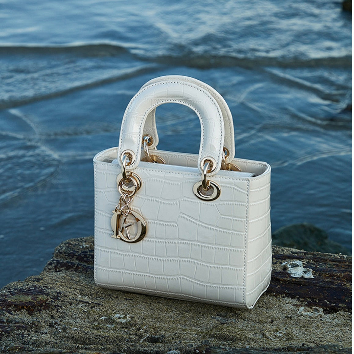 Croc-Embossed Genuine Leather Top-Handle Bag in Creamy White and Black