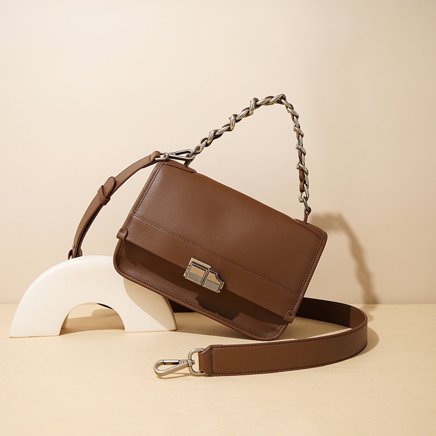 Elegant Genuine Leather Square Bag with Double Straps and Chain