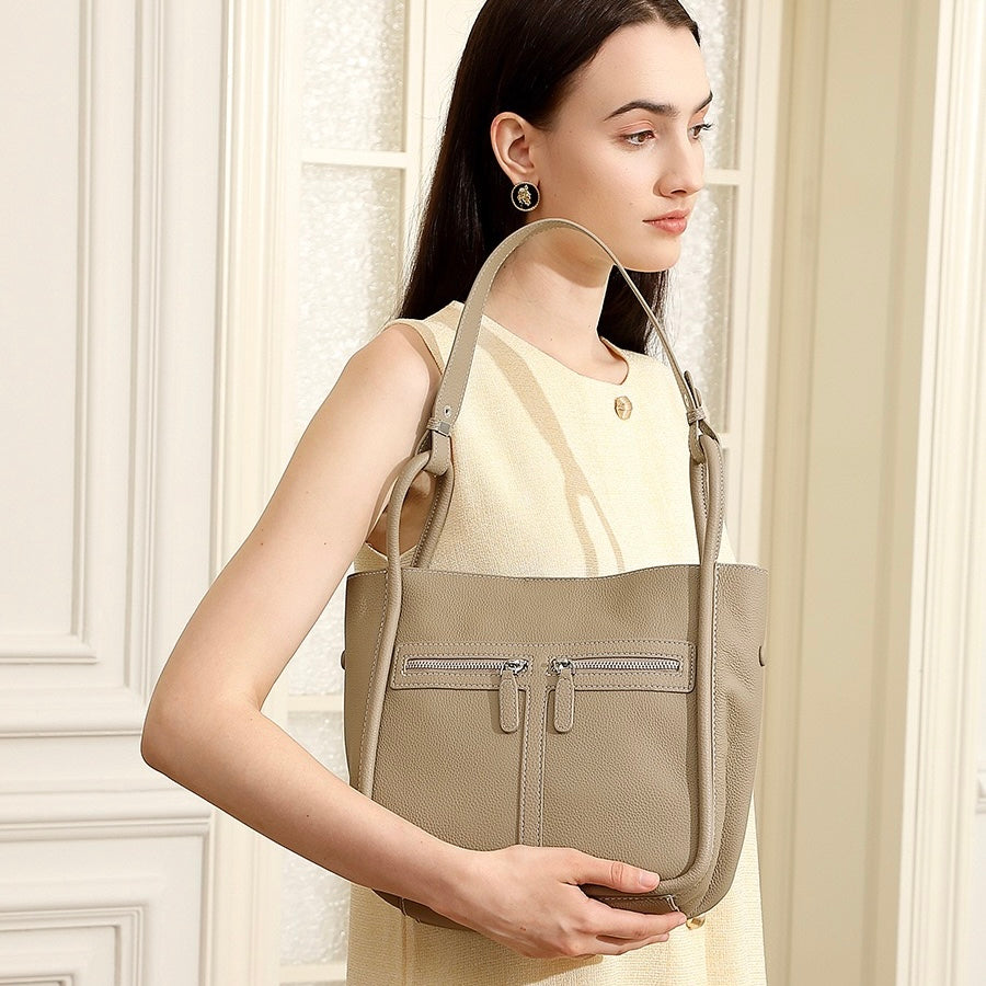 Top Grain Leather Luxury Bucket Bag with Dual-Zip and Removable Liner