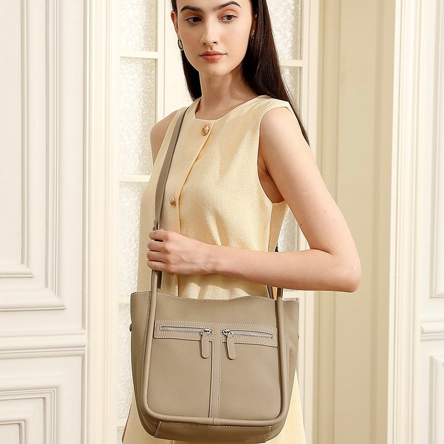 Top Grain Leather Luxury Bucket Bag with Dual-Zip and Removable Liner