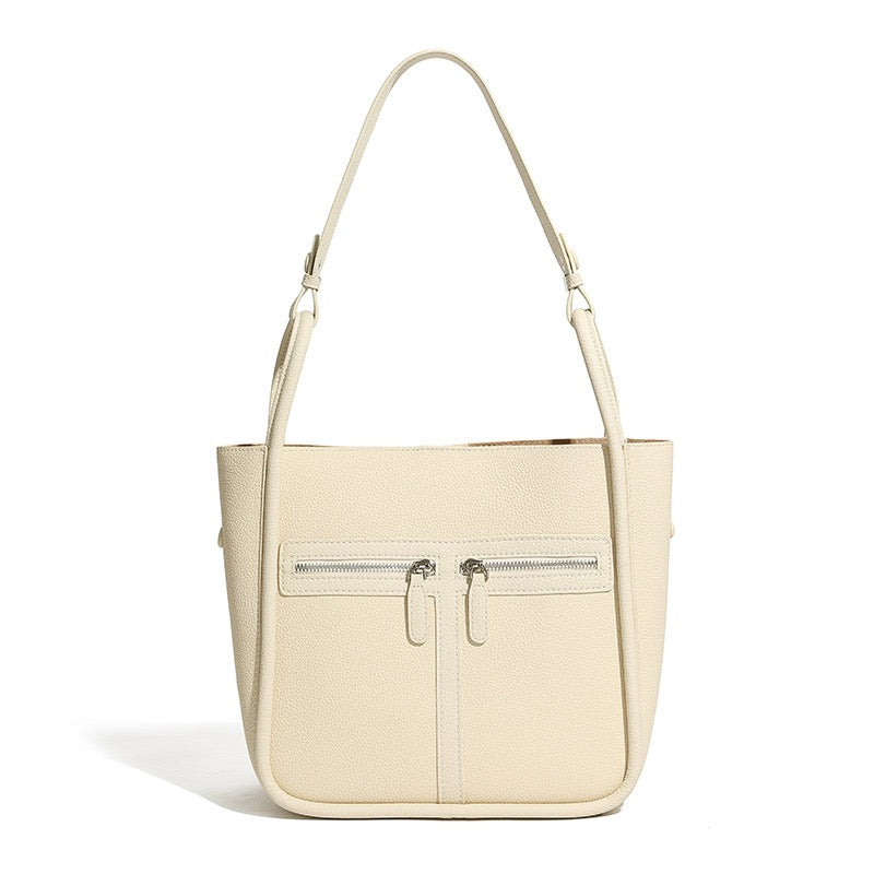Top Grain Leather Luxury Bucket Bag with Dual-Zip and Removable Liner