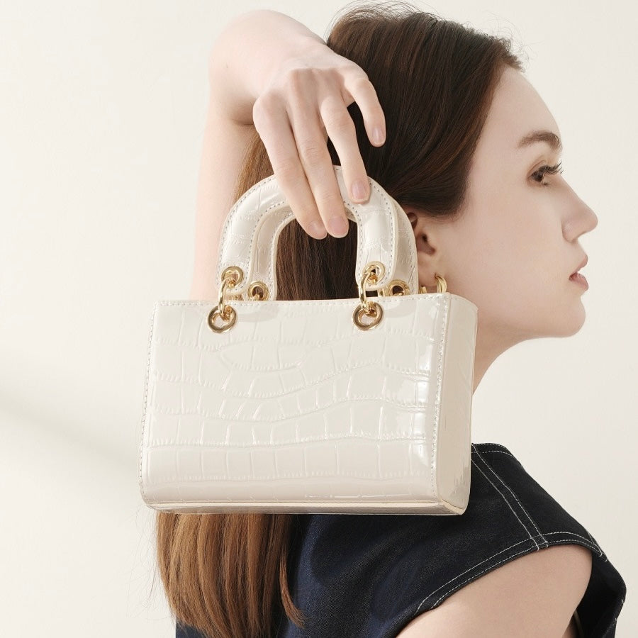 Croc Embossed Genuine Leather Top-Handle Handbag