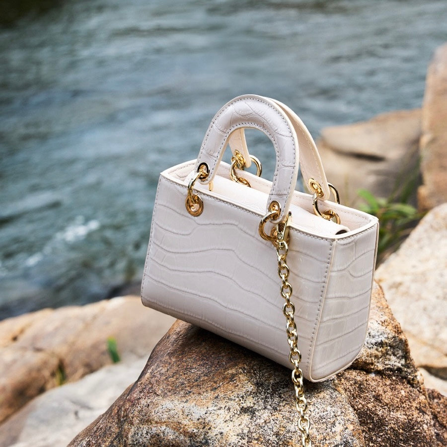 Croc Embossed Genuine Leather Top-Handle Handbag