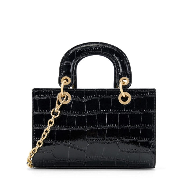 Croc Embossed Genuine Leather Top-Handle Handbag