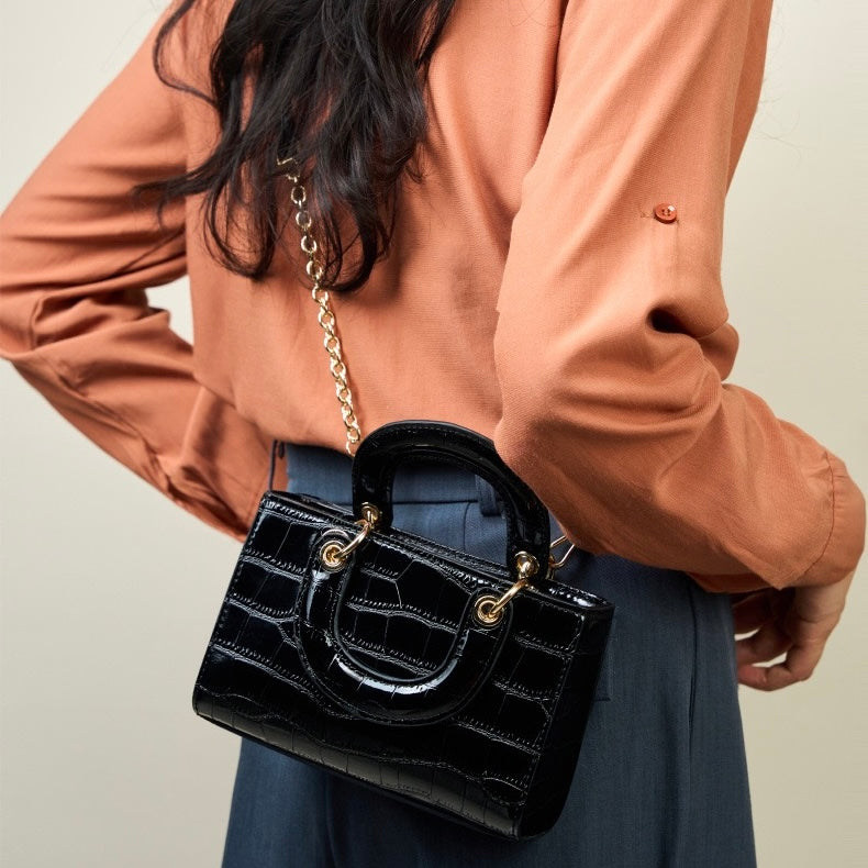 Croc Embossed Genuine Leather Top-Handle Handbag