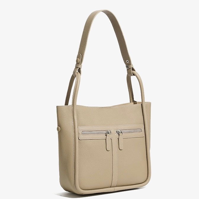 Top Grain Leather Luxury Bucket Bag with Dual-Zip and Removable Liner