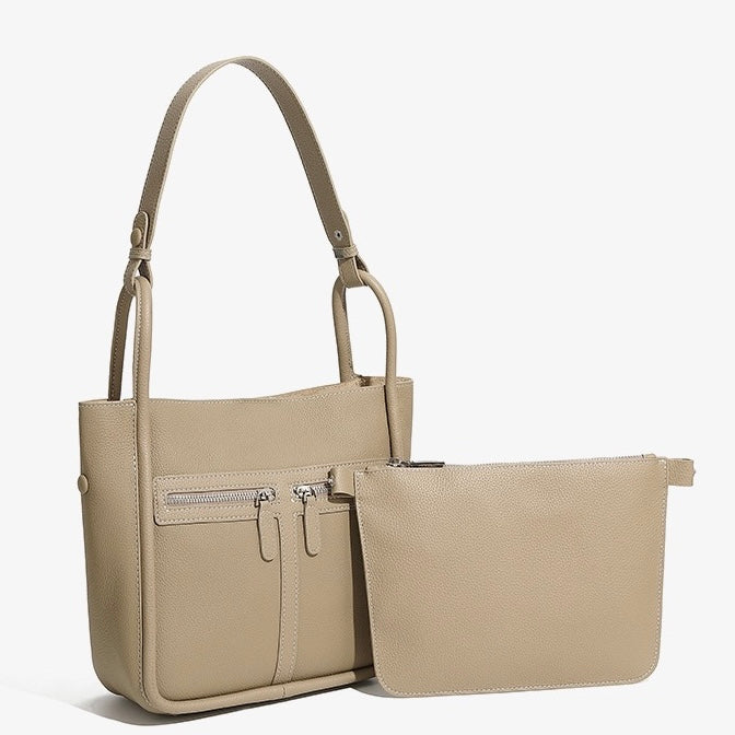 Top Grain Leather Luxury Bucket Bag with Dual-Zip and Removable Liner