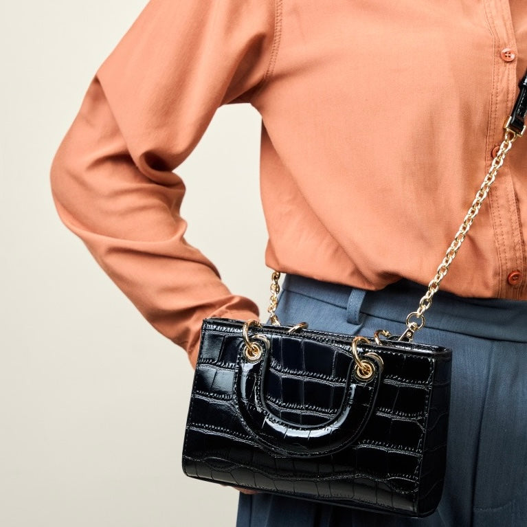 Croc Embossed Genuine Leather Top-Handle Handbag