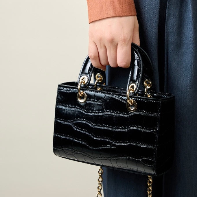 Croc Embossed Genuine Leather Top-Handle Handbag
