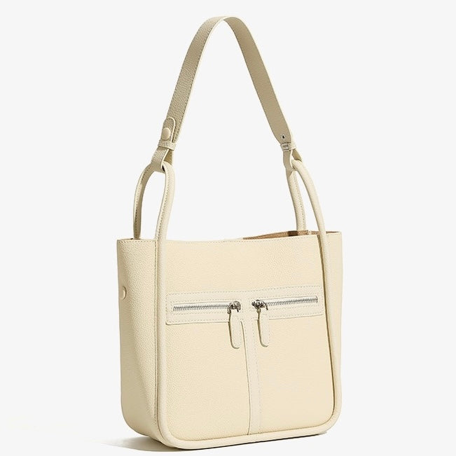 Top Grain Leather Luxury Bucket Bag with Dual-Zip and Removable Liner