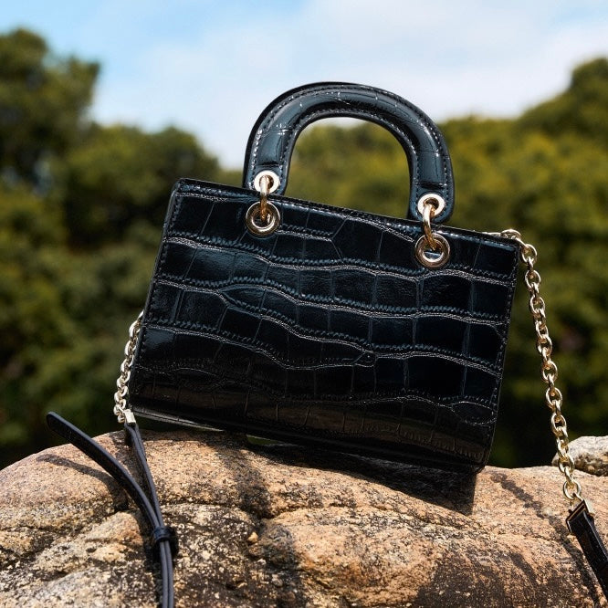 Croc Embossed Genuine Leather Top-Handle Handbag