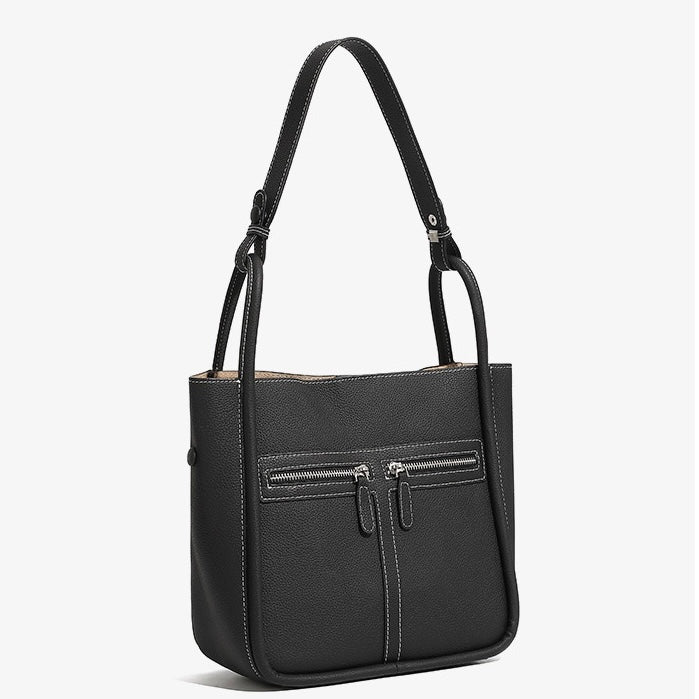 Top Grain Leather Luxury Bucket Bag with Dual-Zip and Removable Liner