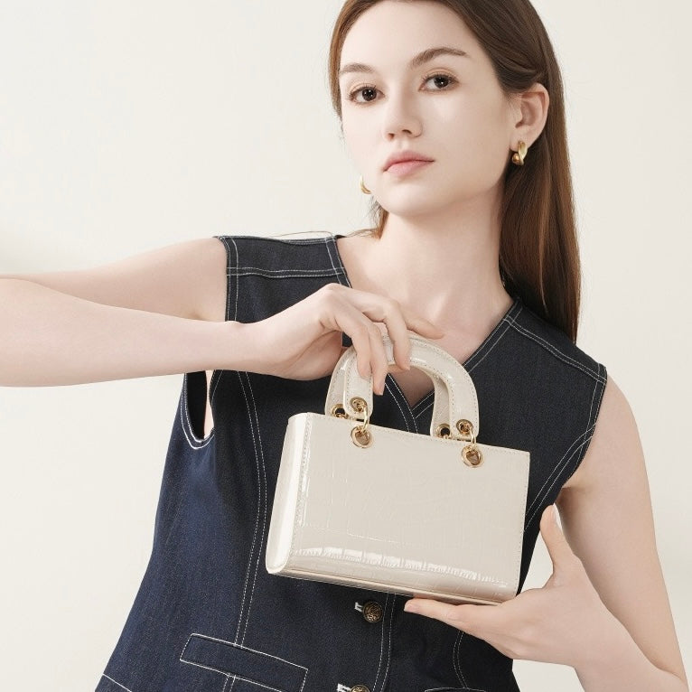 Croc Embossed Genuine Leather Top-Handle Handbag