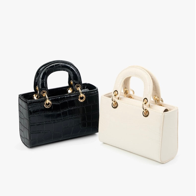 Croc Embossed Genuine Leather Top-Handle Handbag