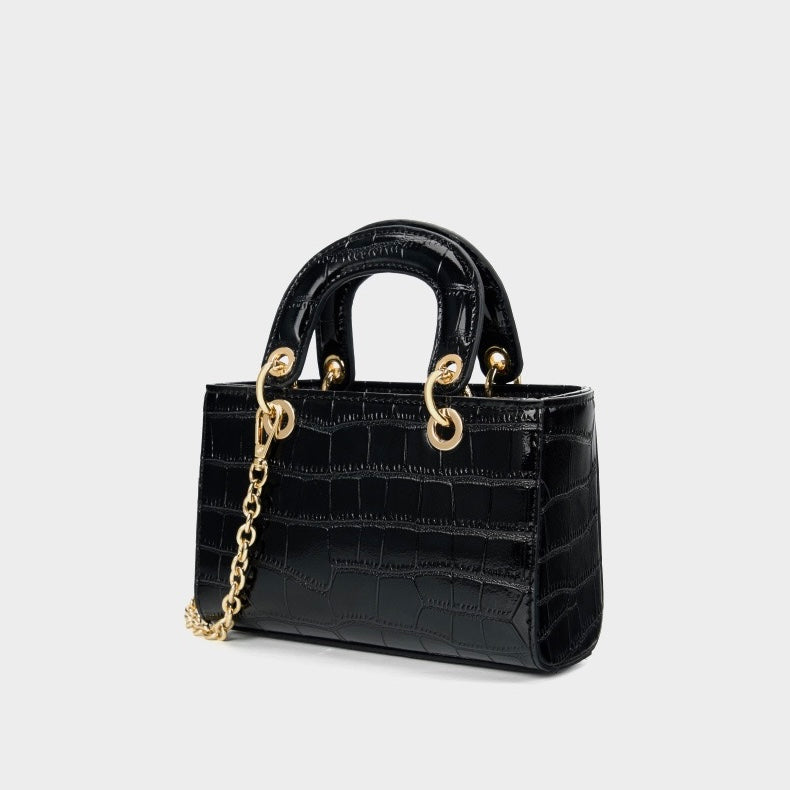 Croc Embossed Genuine Leather Top-Handle Handbag