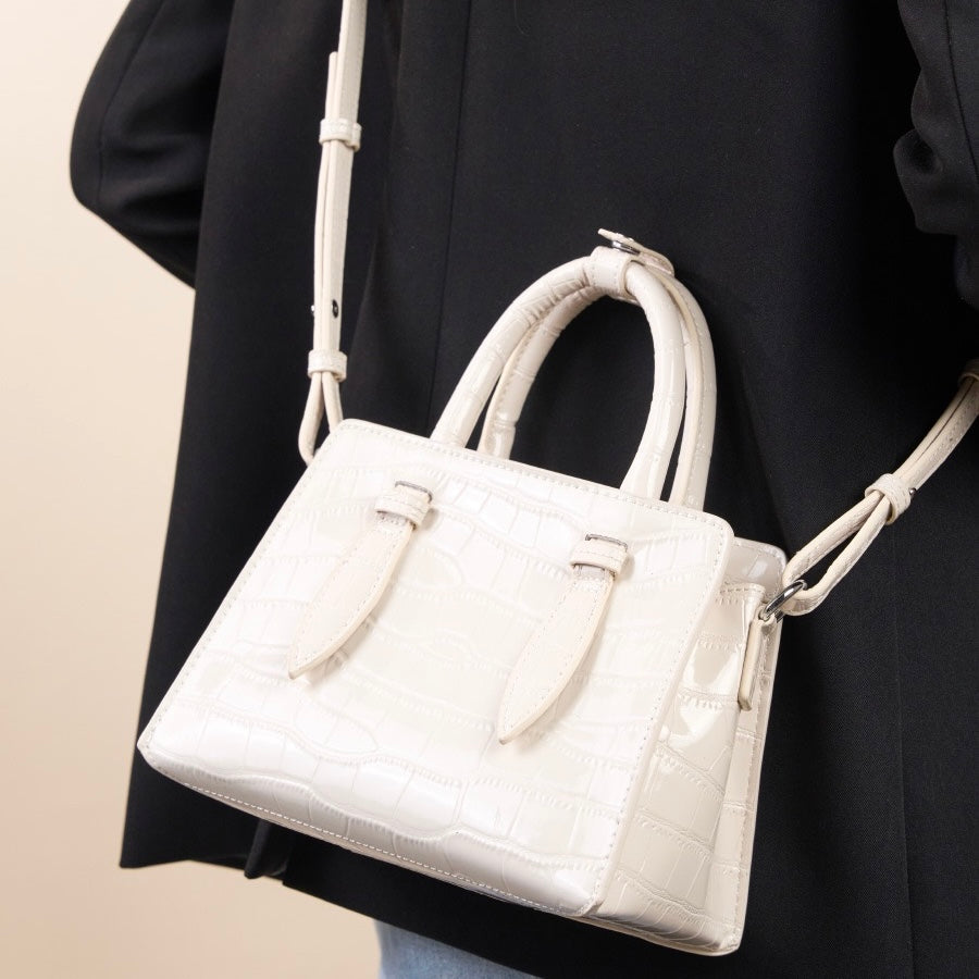 French Alligator-Texture Genuine Leather Top Handle Bag