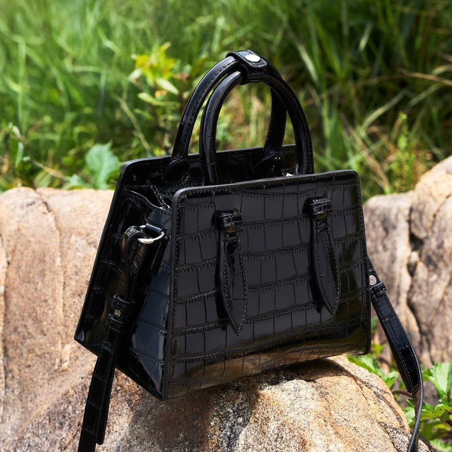 French Alligator-Texture Genuine Leather Top Handle Bag