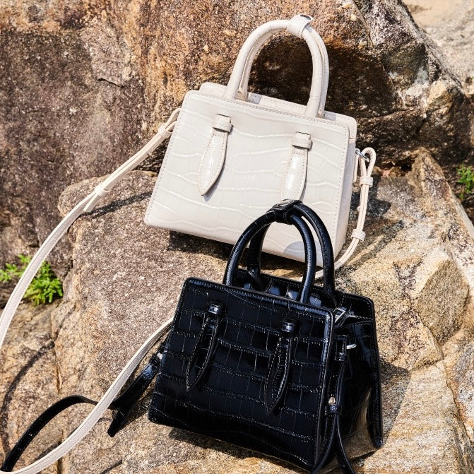 French Alligator-Texture Genuine Leather Top Handle Bag