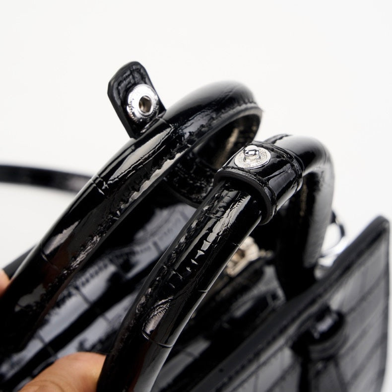 French Alligator-Texture Genuine Leather Top Handle Bag