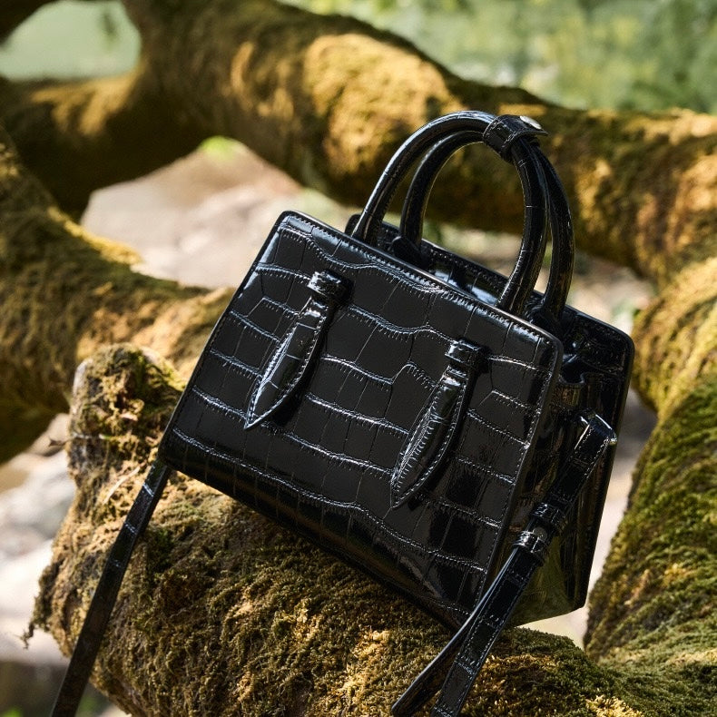 French Alligator-Texture Genuine Leather Top Handle Bag