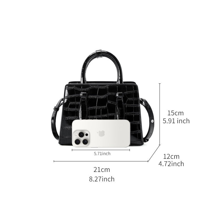 French Alligator-Texture Genuine Leather Top Handle Bag