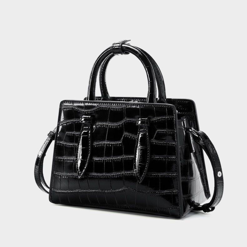 French Alligator-Texture Genuine Leather Top Handle Bag