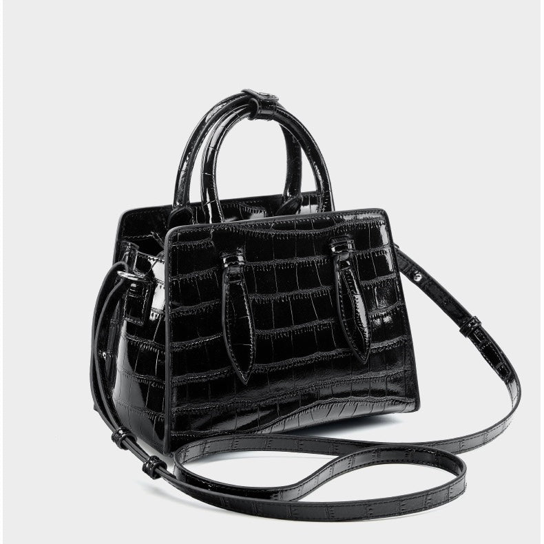 French Alligator-Texture Genuine Leather Top Handle Bag