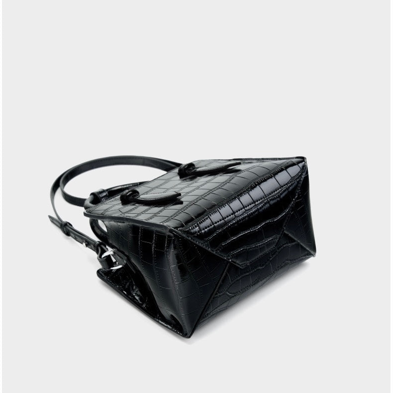 French Alligator-Texture Genuine Leather Top Handle Bag