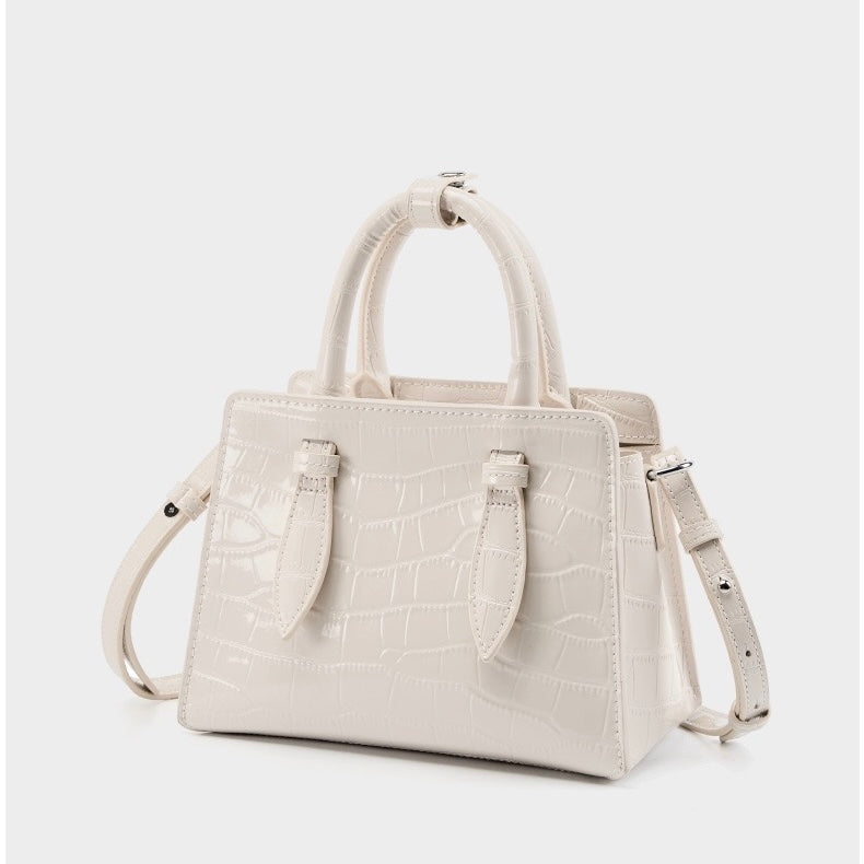 French Alligator-Texture Genuine Leather Top Handle Bag