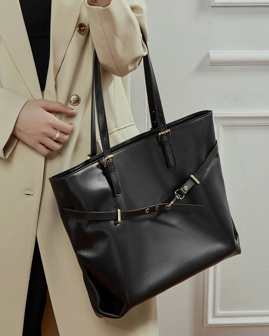 Elegant Genuine Leather Tote with Signature Lock Closure - Large Capacity