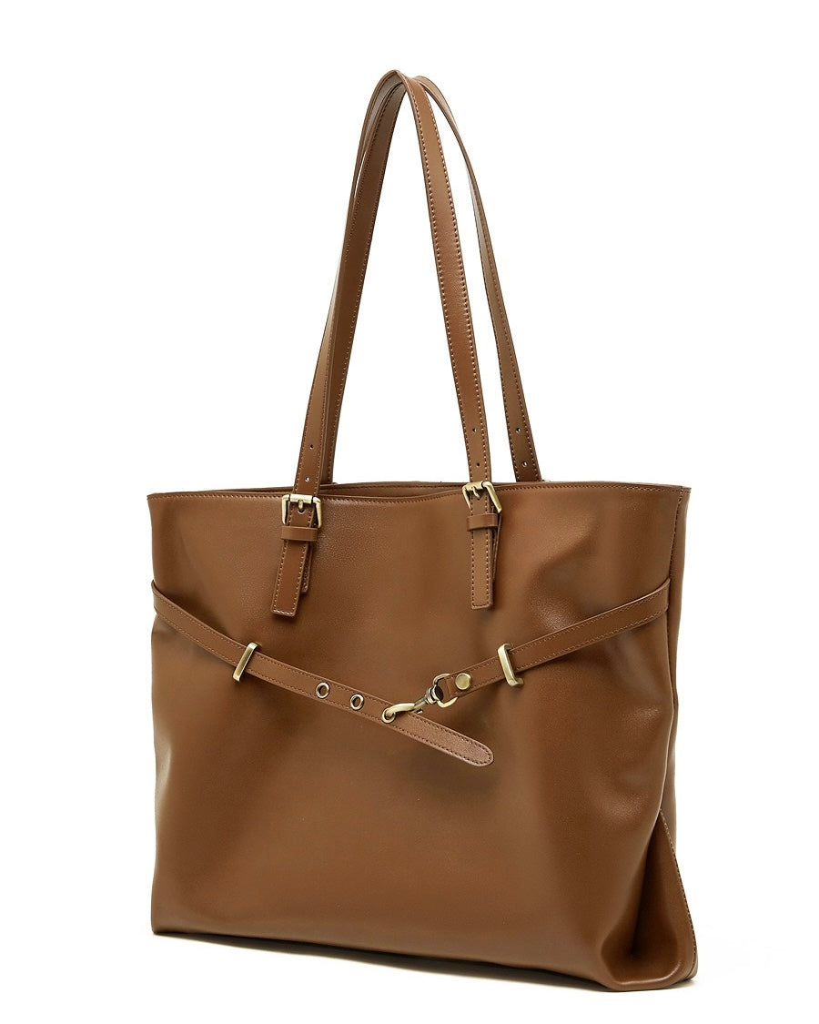 Elegant Genuine Leather Tote with Signature Lock Closure - Large Capacity