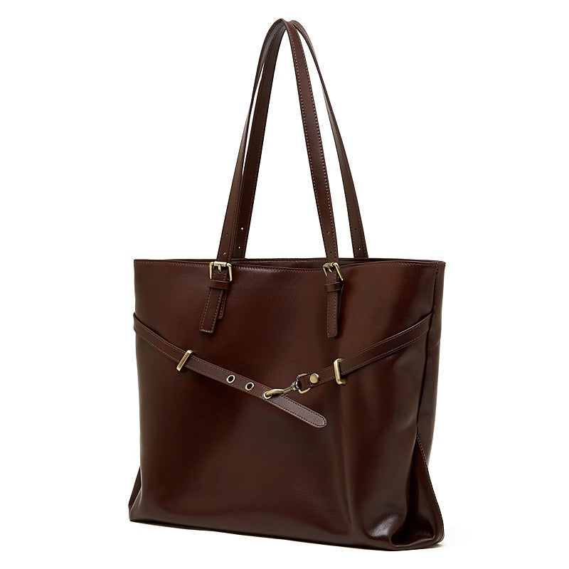 Elegant Genuine Leather Tote with Signature Lock Closure - Large Capacity