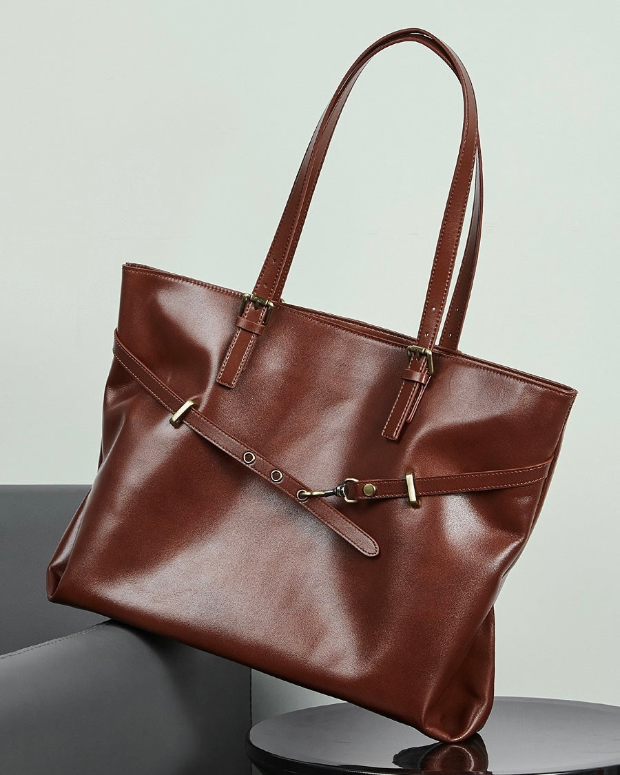 Elegant Genuine Leather Tote with Signature Lock Closure - Large Capacity