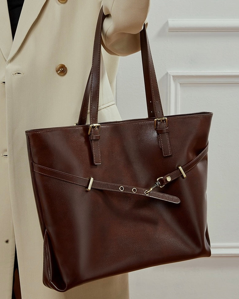 Elegant Genuine Leather Tote with Signature Lock Closure - Large Capacity