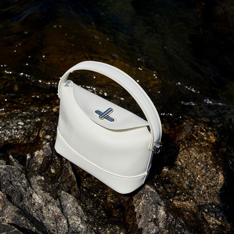 Genuine Leather Mini Bucket Bag with Elegant Turn-Lock Closure