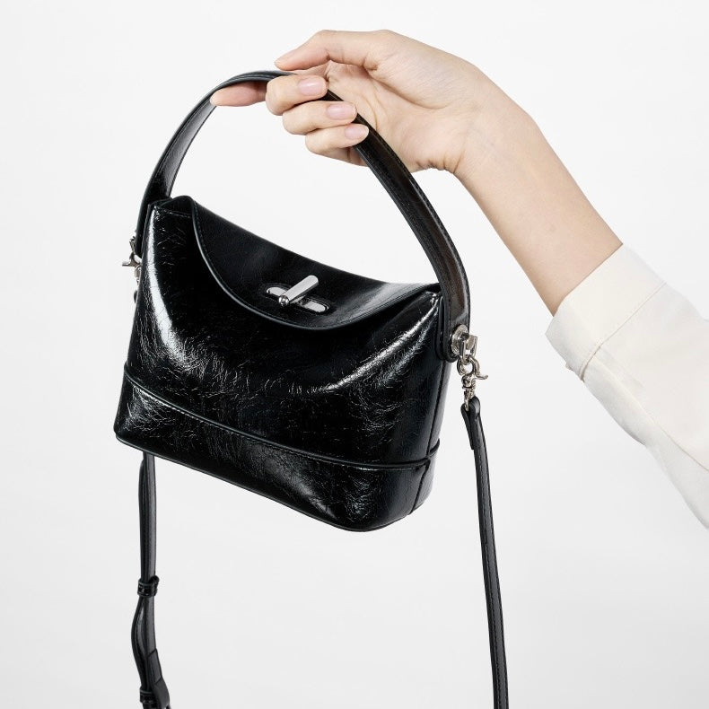 Genuine Leather Mini Bucket Bag with Elegant Turn-Lock Closure