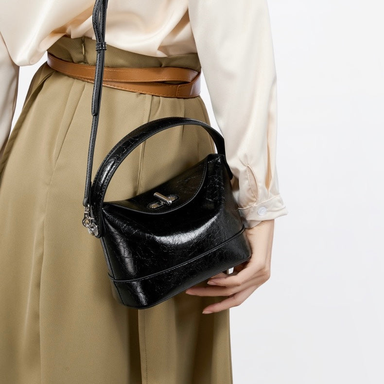 Genuine Leather Mini Bucket Bag with Elegant Turn-Lock Closure