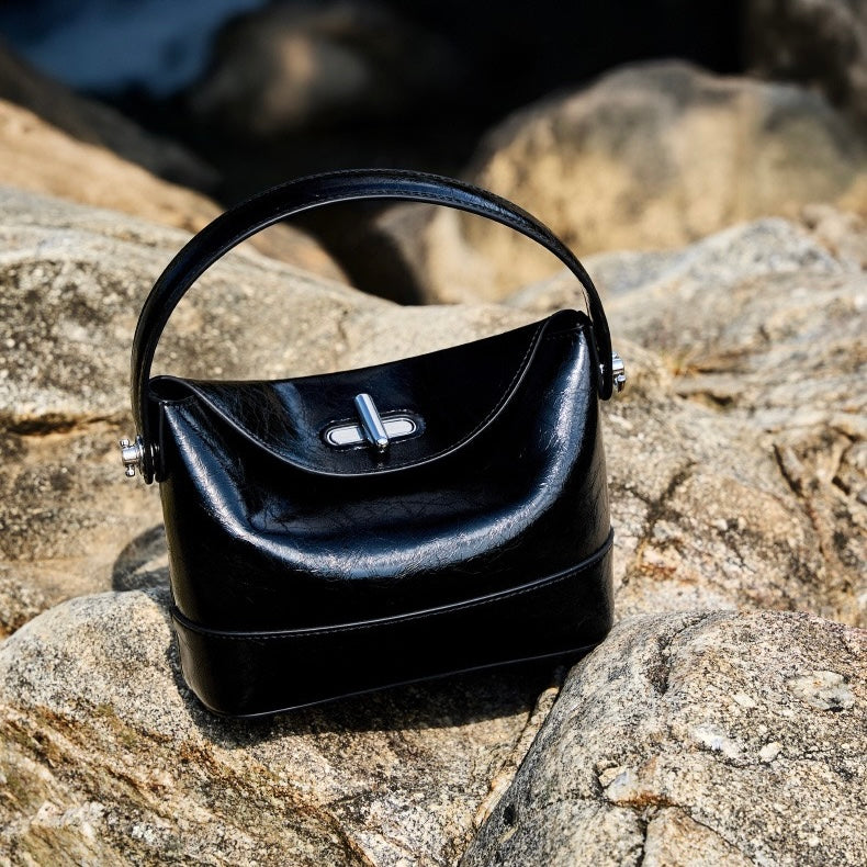 Genuine Leather Mini Bucket Bag with Elegant Turn-Lock Closure