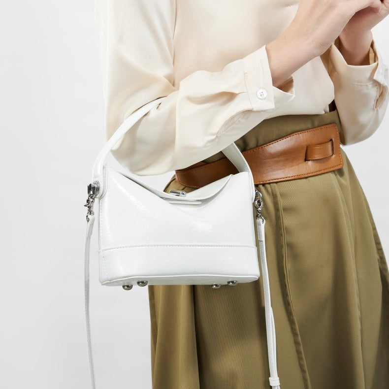Genuine Leather Mini Bucket Bag with Elegant Turn-Lock Closure