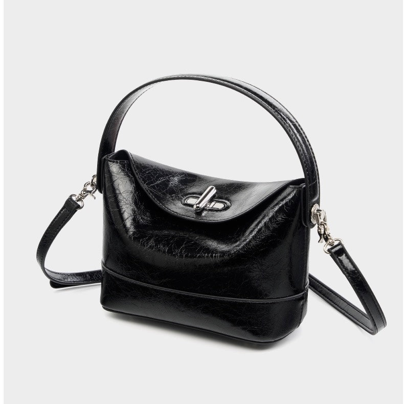 Genuine Leather Mini Bucket Bag with Elegant Turn-Lock Closure