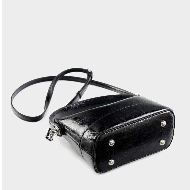 Genuine Leather Mini Bucket Bag with Elegant Turn-Lock Closure